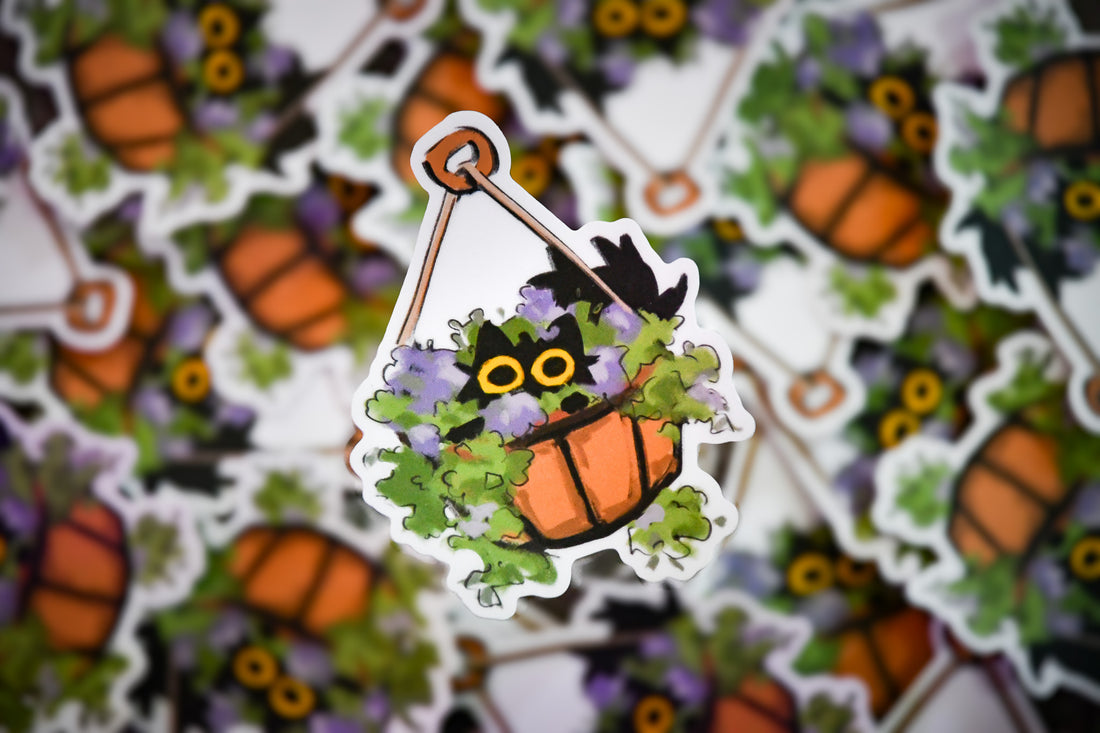 Kitty in a Plant Basket Vinyl Sticker